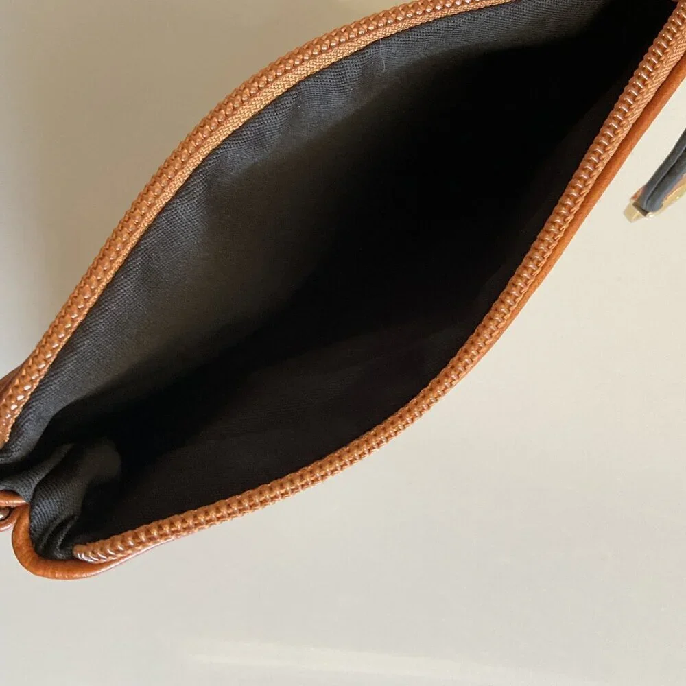 NEW COGNAC BROWN FAUX LEATHER WRISTLET CLUTCH BAG PHONE MAKEUP POUCH NWOT